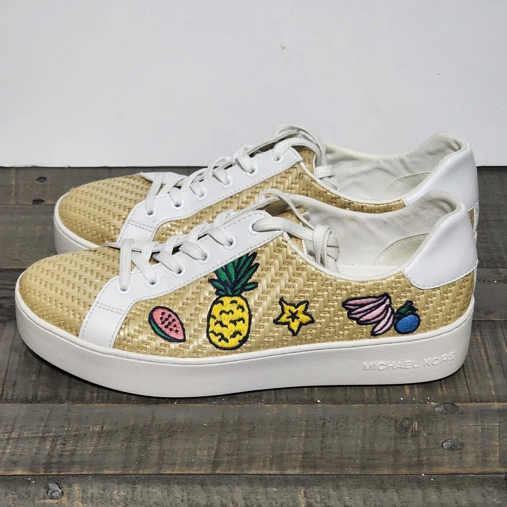 Michael Kors Straw‎ Woven Lace Up Fruit Patch Shoes Womens 9.5 Poppy Platform